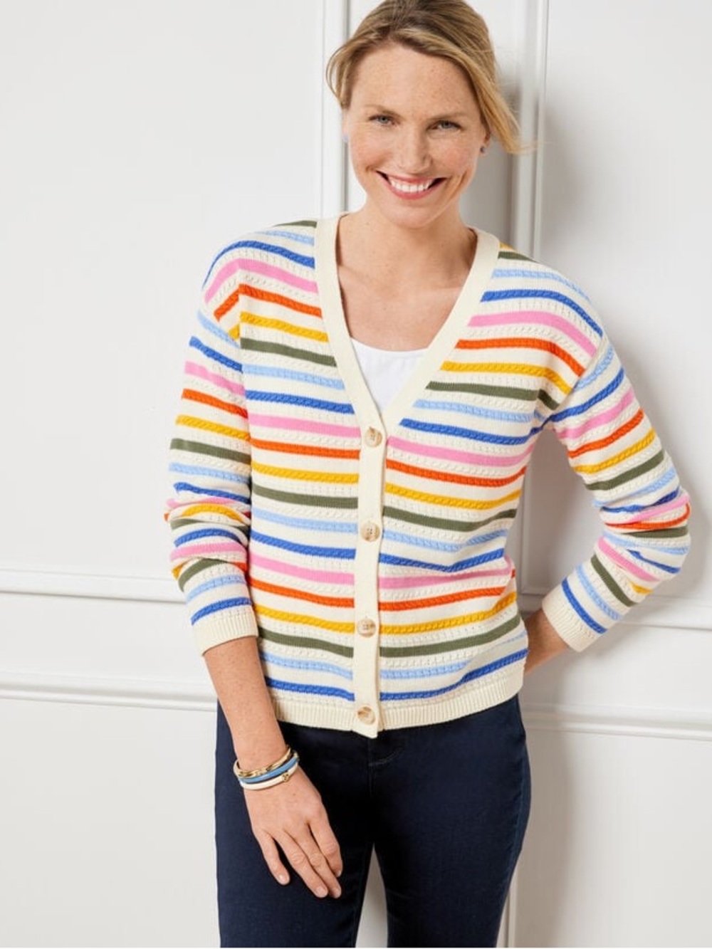 Talbots Plus Multi Stripe Cable Knit Cotton Cardigan Sweater 1X Coastal Rainbow